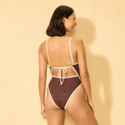 Women's Contrast Binding Crochet Overlay Extra High Leg Extra Cheeky One Piece Swimsuit - Wild Fableā¢