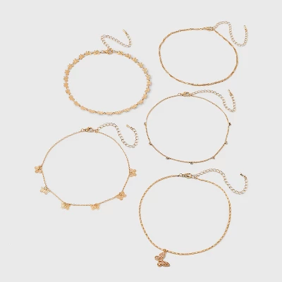 Dainty Chain With Butterfly Charm Choker Necklace Set 5pc - Wild Fable™ Gold: Brass Material, Lobster Claw Clasp, 12" Length 3 Dainty Chain With Butterfly Charm Choker Necklace Set 5pc - Wild Fable™ Gold: Brass Material, Lobster Claw Clasp, 12" Length