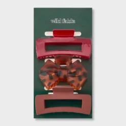 Rectangle And Bow Claw Hair Clip Set 3pc - Wild Fable⢠Red/Orange