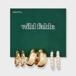 Smooth Twist And Pearl Hoop Earring Set 3pc - Wild Fable™ Gold