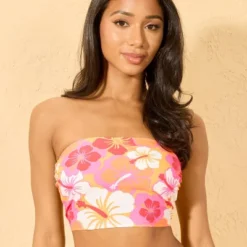 Women's Hibiscus Print Bandeau Cropped Tankini Top - Wild Fable™ Orange -Herday Fashion GUEST a517148d 74c3 4fd1 bf45 dceb7a5e3c2b