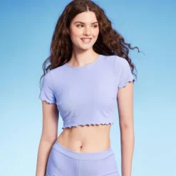 Women's Ruffle Detail Ribbed Short Sleeve Cropped Rashguard - Wild Fable™ Purple -Herday Fashion GUEST ae778006 d718 4b51 af3b 2a50e3c3e5f4
