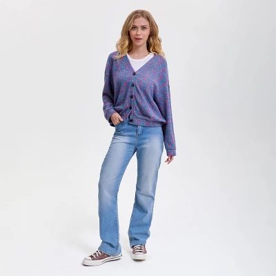 Women's V-Neck Button-Front Cardigan - Wild Fable™ Purple Abstract 4 Women's V-Neck Button-Front Cardigan - Wild Fable™ Purple Abstract - Image 2