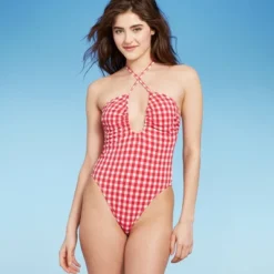 Women's Keyhole Cross Front Halter Ultra High Leg Cheeky One Piece Swimsuit - Wild Fable™ Red -Herday Fashion GUEST e21287da b6cf 4776 80bf c28daabbafaa